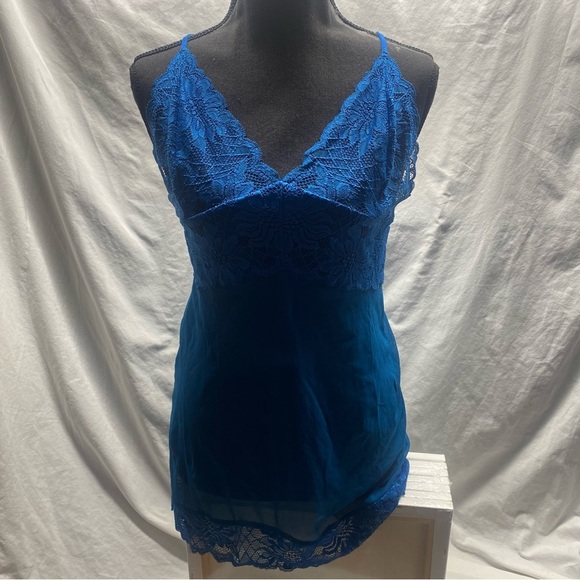 Vtg FREDERICKS OF HOLLYWOOD Lace See-Through Babydoll Chemise Slip Blue Sz XL - Picture 3 of 7